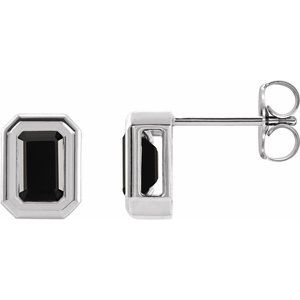 Black Onyx Emerald Solitaire Stud Earrings in Gold and Platinum