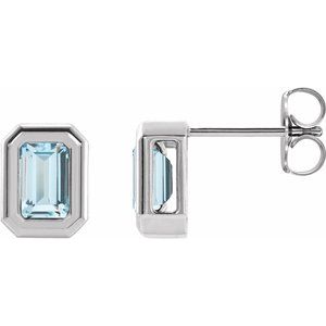 Sky Blue Topaz Emerald Solitaire Stud Earrings in Gold and Platinum