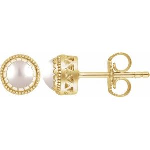 Pearl Bezel-Set Stud Earrings in Gold and Platinum