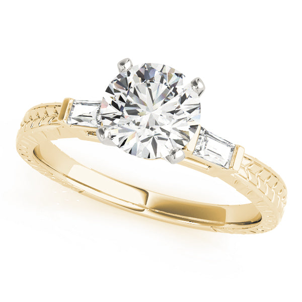 Crowned Three-Stone Baguette Round Diamond Engagement Ring — 9K/18K Gold & Platinum
