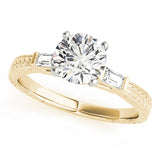 Crowned Three-Stone Baguette Round Diamond Engagement Ring — 9K/18K Gold & Platinum