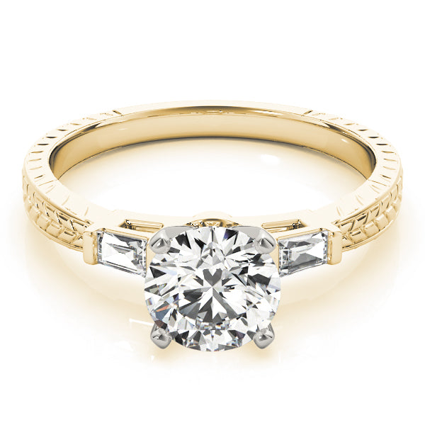 Crowned Three-Stone Baguette Round Diamond Engagement Ring — 9K/18K Gold & Platinum