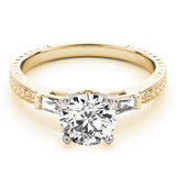 Crowned Three-Stone Baguette Round Diamond Engagement Ring — 9K/18K Gold & Platinum