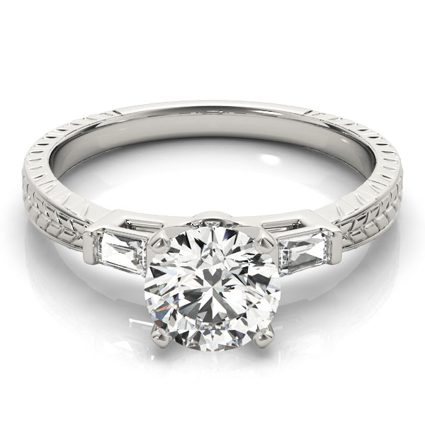 Crowned Three-Stone Baguette Round Diamond Engagement Ring — 9K/18K Gold & Platinum