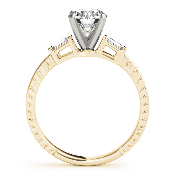 Crowned Three-Stone Baguette Round Diamond Engagement Ring — 9K/18K Gold & Platinum