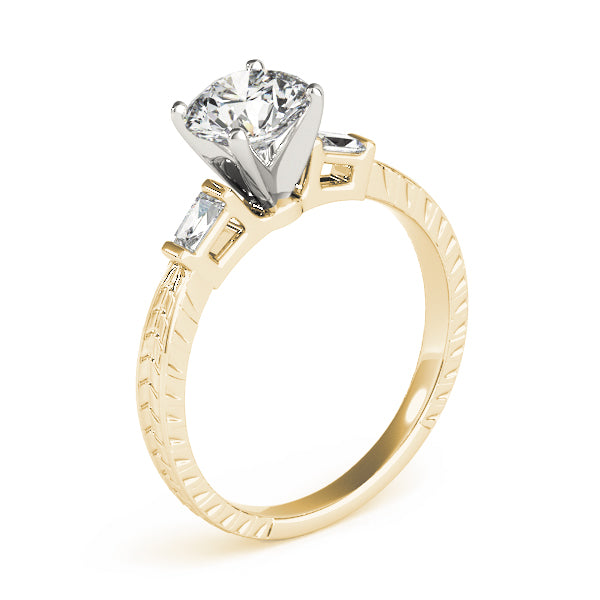 Crowned Three-Stone Baguette Round Diamond Engagement Ring — 9K/18K Gold & Platinum