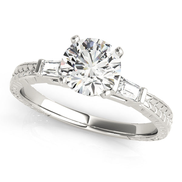 Crowned Three-Stone Baguette Round Diamond Engagement Ring — 9K/18K Gold & Platinum