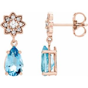 Aquamarine & Diamond Pear Floral Stud Earrings in Gold and Platinum