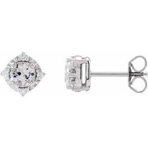 White Sapphire & Diamond Round Halo Stud Earrings in Gold and Platinum