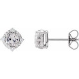 White Sapphire & Diamond Round Halo Stud Earrings in Gold and Platinum
