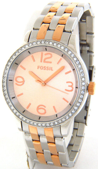 Fossil Stella Bq1419 Ladies Crystals Rose Gold Fac E Steel Case Bracelet Casual