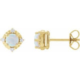 White Opal & Diamond Round Halo Stud Earrings in Gold and Platinum