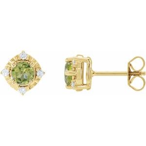 Peridot & Diamond Round Halo Stud Earrings in Gold and Platinum