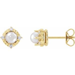Freshwater Pearl & Diamond Halo Stud Earrings in Gold and Platinum