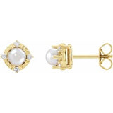 Freshwater Pearl & Diamond Halo Stud Earrings in Gold and Platinum