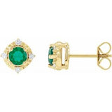Emerald & Diamond Round Halo Stud Earrings in Gold and Platinum