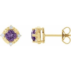 Amethyst & Diamond Round Halo Stud Earrings in Gold and Platinum