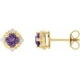 Amethyst & Diamond Round Halo Stud Earrings in Gold and Platinum