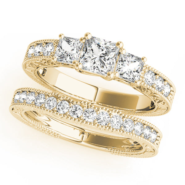 Heirloom Three-Stone Princess Diamond Engagement Ring — 9K/18K Gold & Platinum