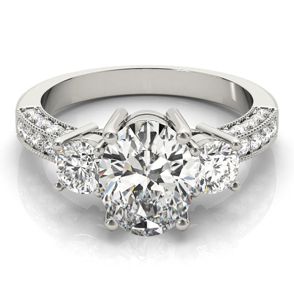 Crowned Three-Stone Oval Diamond Engagement Ring — 9K/18K Gold & Platinum
