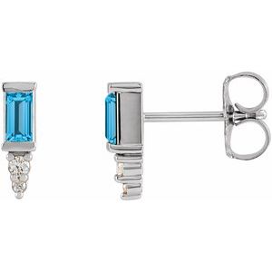 Swiss Blue Topaz & Diamond Baguette Bar Earrings in Gold and Platinum