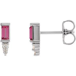 Pink Tourmaline & Diamond Baguette Bar Earrings in Gold and Platinum