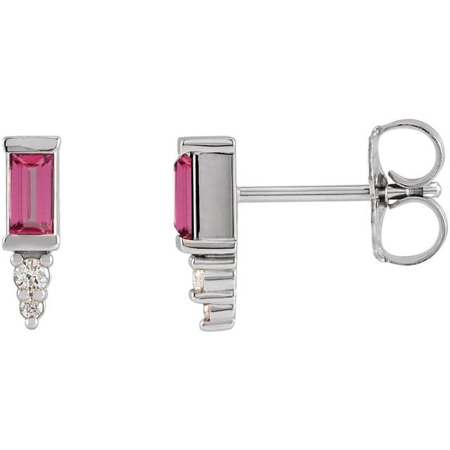 Pink Tourmaline & Diamond Baguette Bar Earrings in Gold and Platinum