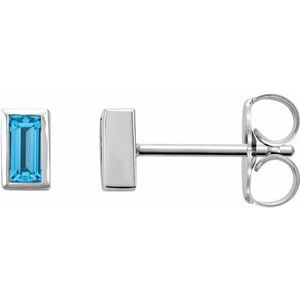 Swiss Blue Topaz Baguette Bezel-Set Stud Earrings in Gold and Platinum