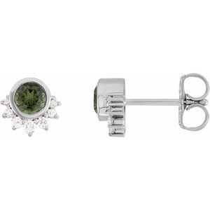 Green Tourmaline & Diamond Round Stud Earrings in Gold and Platinum