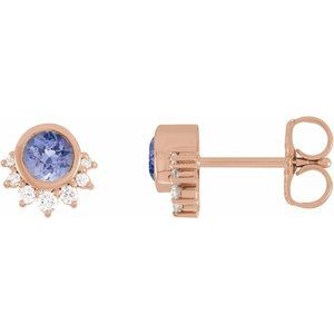 Tanzanite & Diamond Round Stud Earrings in Gold and Platinum
