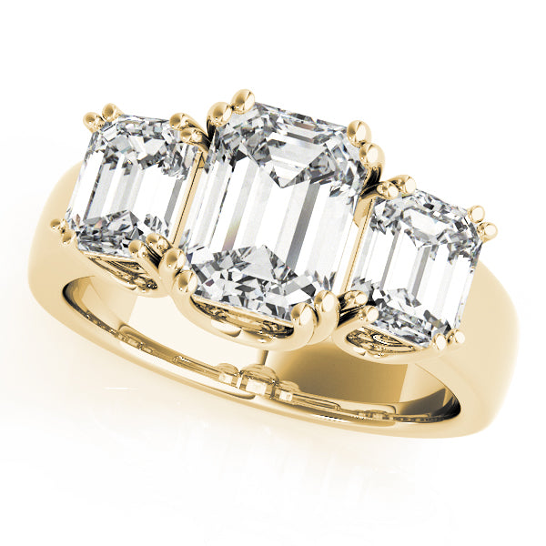 Crowned Three-Stone Emerald Diamond Engagement Ring — 9K/18K Gold & Platinum