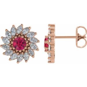 Ruby & Diamond Round Halo Stud Earrings in Gold and Platinum