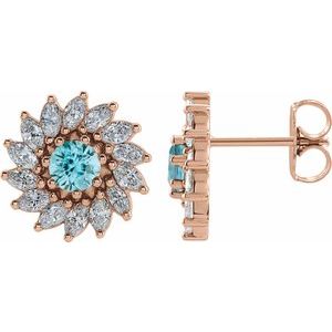 Blue Zircon & Diamond Round Halo Stud Earrings in Gold and Platinum