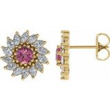Pink Tourmaline & Diamond Round Halo Stud Earrings in Gold and Platinum