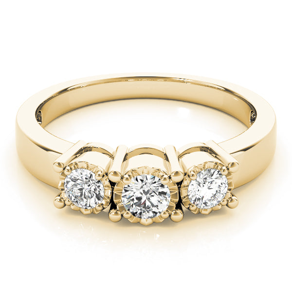 Radiant Three-Stone Round Diamond Engagement Ring — 9K/18K Gold & Platinum