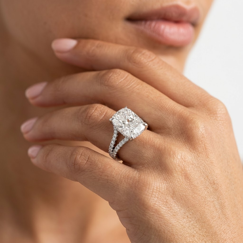 Cushion Cut Diamond Split Pavé Engagement Ring in White Gold | Natural & Lab Grown | IGI Certified