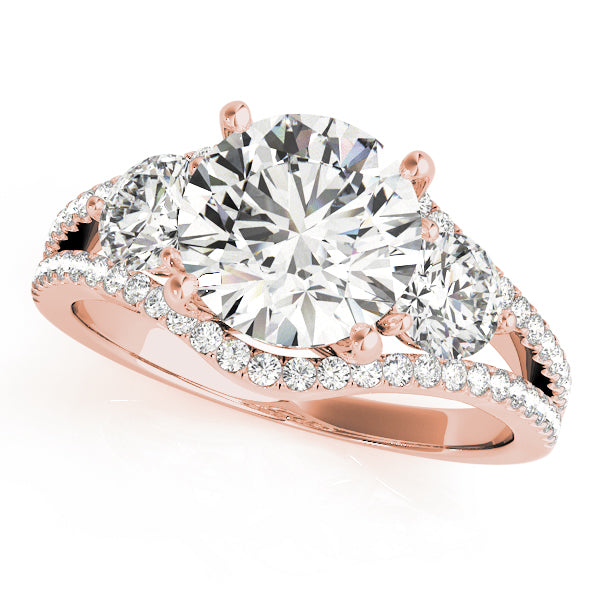 Rose gold ring with a large diamond and smaller diamonds on the band against 