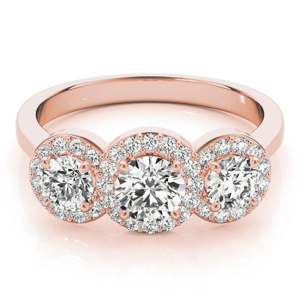3 Stone Round Brilliant Shape Halo Diamond Engagement Ring Plain Band in Rose Gold
