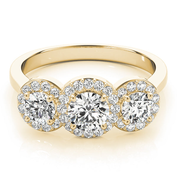 3 Stone Round Brilliant Shape Halo Diamond Engagement Ring Plain Band in Yellow Gold