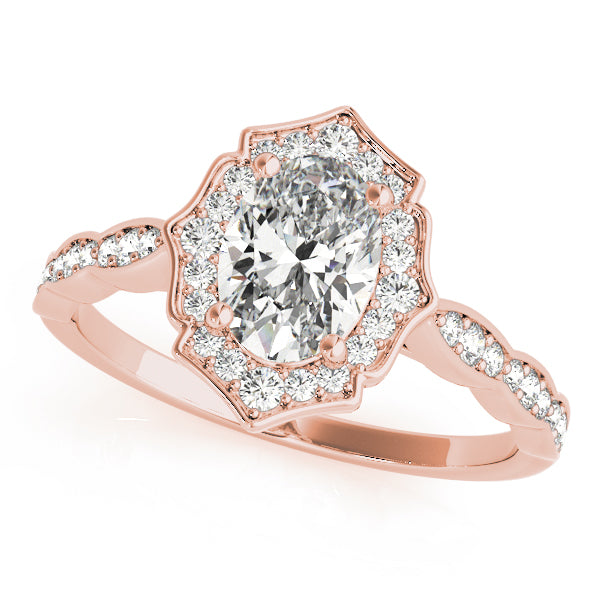 Crowned Scalloped Halo Ring Oval Diamond Engagement Ring — 9K/18K Gold & Platinum