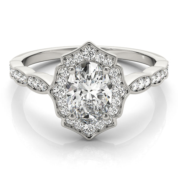 Crowned Scalloped Halo Ring Oval Diamond Engagement Ring — 9K/18K Gold & Platinum