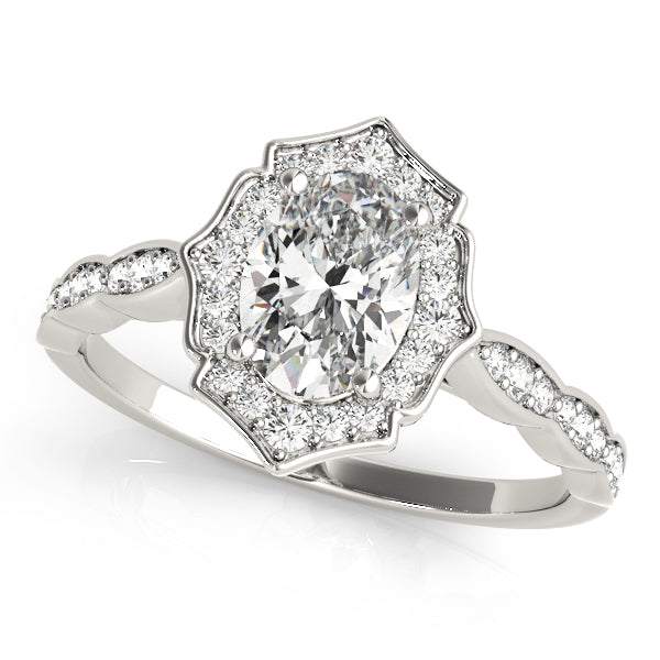 Crowned Scalloped Halo Ring Oval Diamond Engagement Ring — 9K/18K Gold & Platinum
