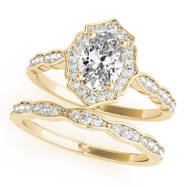 Crowned Scalloped Halo Ring Oval Diamond Engagement Ring — 9K/18K Gold & Platinum