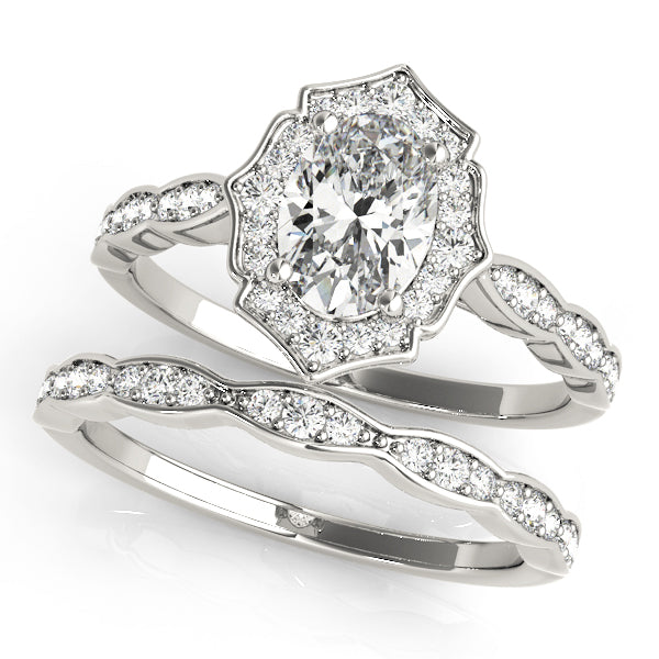 Crowned Scalloped Halo Ring Oval Diamond Engagement Ring — 9K/18K Gold & Platinum