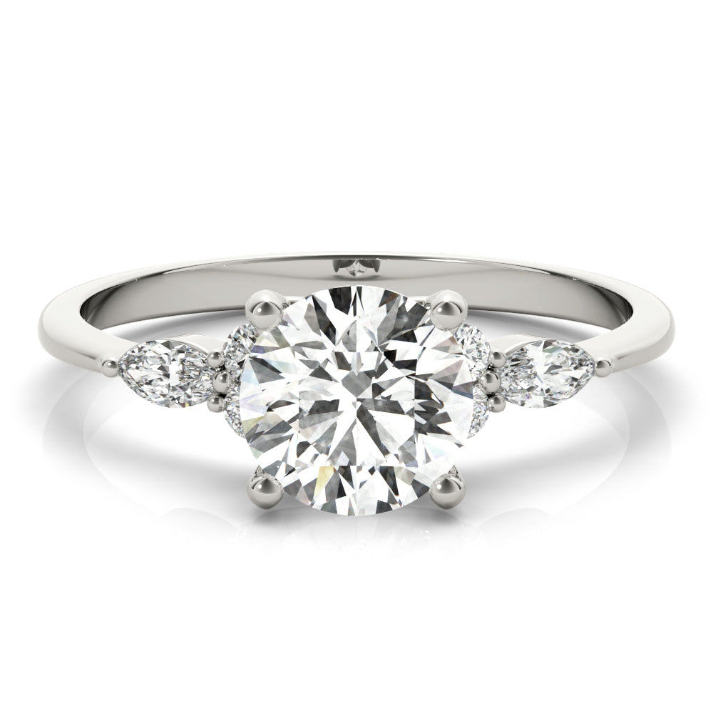 Refined Three-Stone Ring With Side Stones Round Diamond Engagement Ring — 9K/18K Gold & Platinum