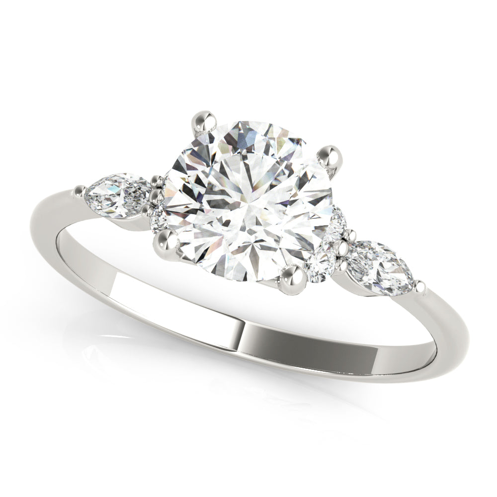 Refined Three-Stone Ring With Side Stones Round Diamond Engagement Ring — 9K/18K Gold & Platinum