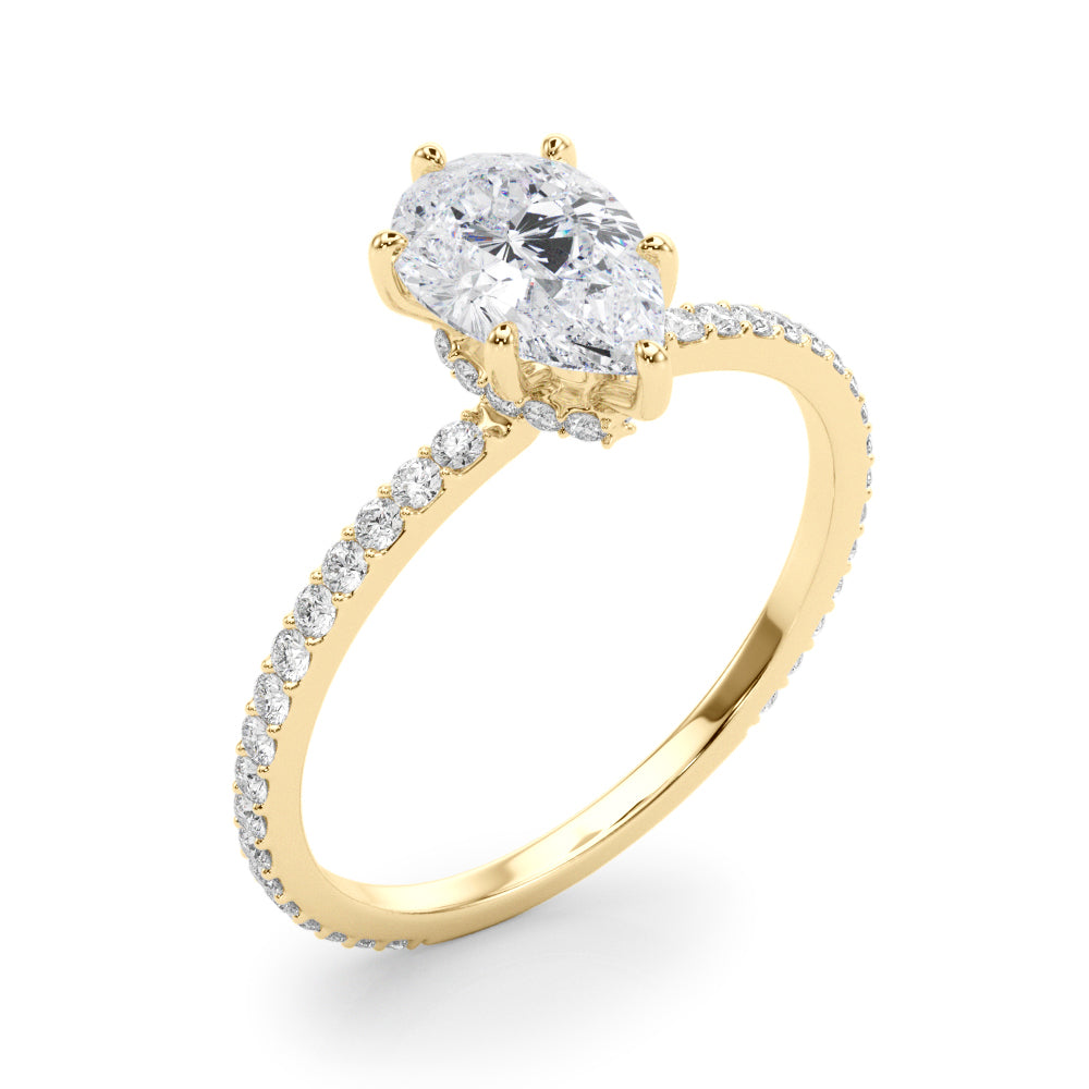 Iconic Hidden Halo Center Single Row Pear Diamond Engagement Ring — 9K/18K Gold & Platinum
