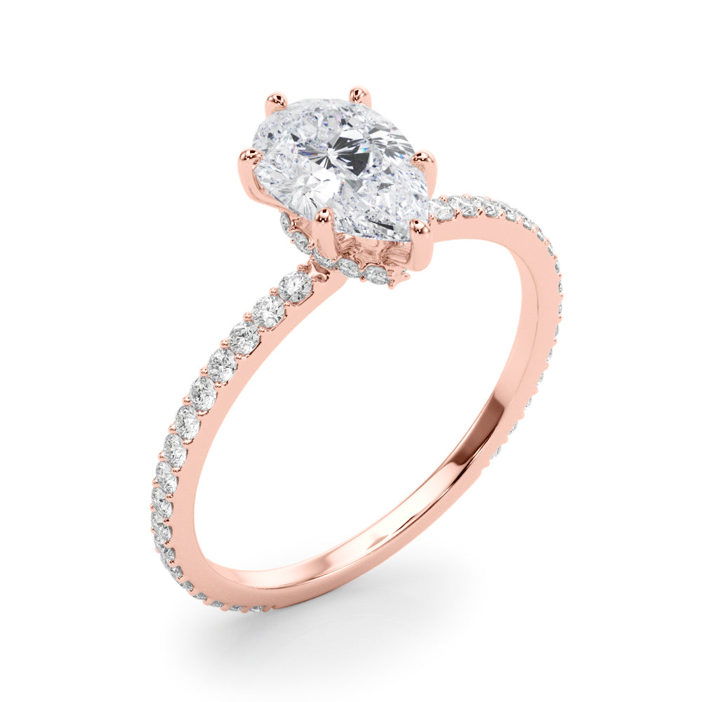 Iconic Hidden Halo Center Single Row Pear Diamond Engagement Ring — 9K/18K Gold & Platinum
