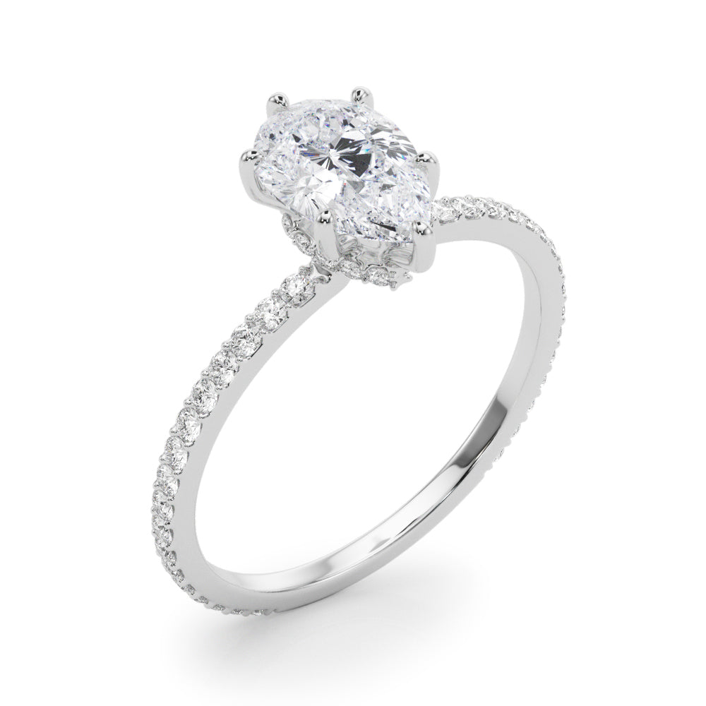 Iconic Hidden Halo Center Single Row Pear Diamond Engagement Ring — 9K/18K Gold & Platinum
