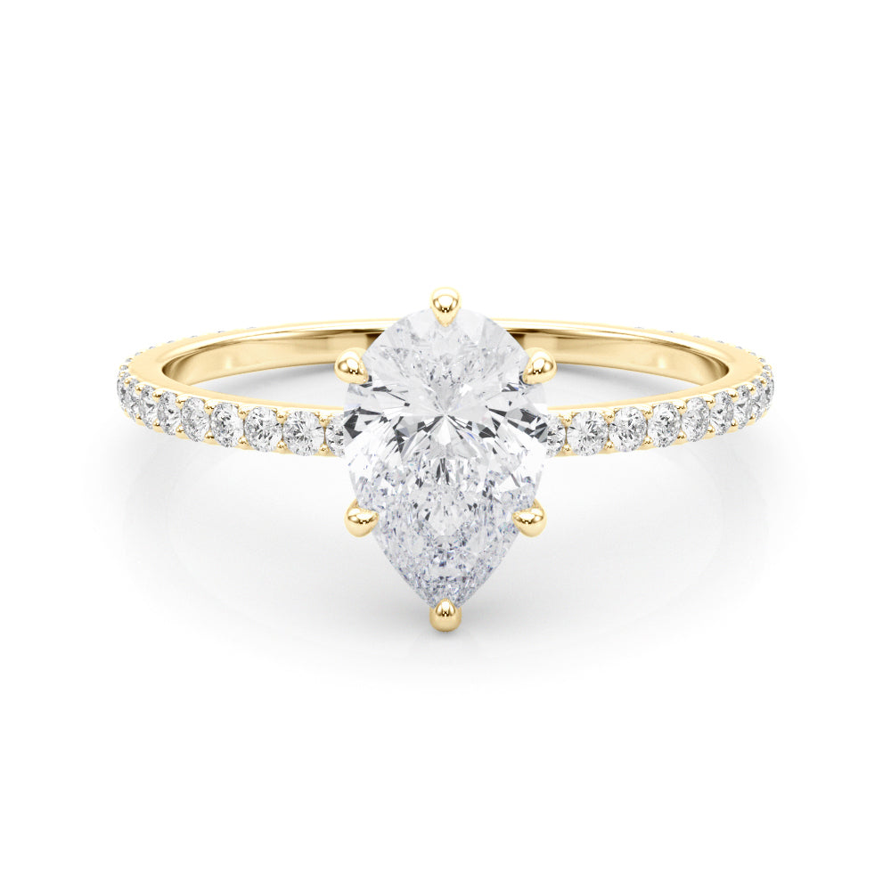 Iconic Hidden Halo Center Single Row Pear Diamond Engagement Ring — 9K/18K Gold & Platinum